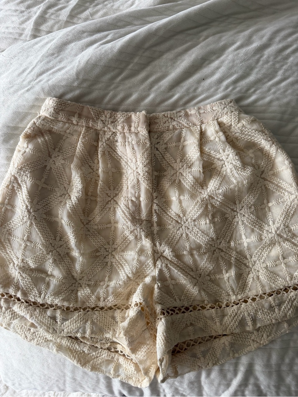 Zimmermann Cream Lace Crochet High-Waist Shorts